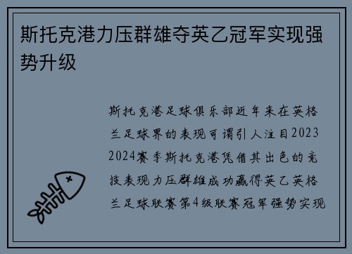 斯托克港力压群雄夺英乙冠军实现强势升级 斯托克港力压群雄夺英乙冠军实现强势升级
